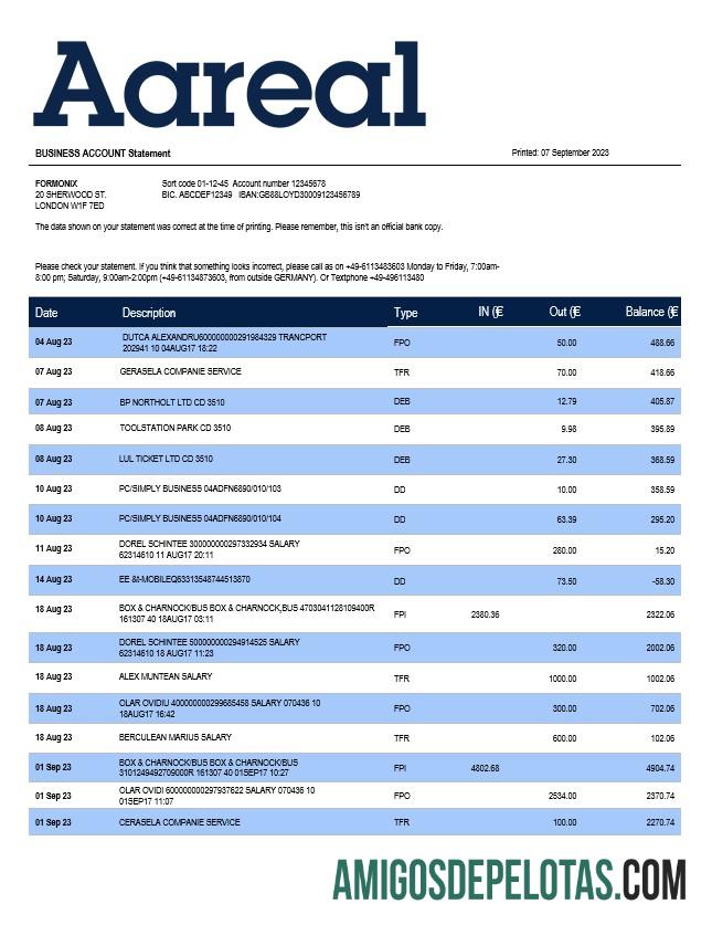 Em branco Aareal Bank Firm modelo de extrato de conta Word e PDF